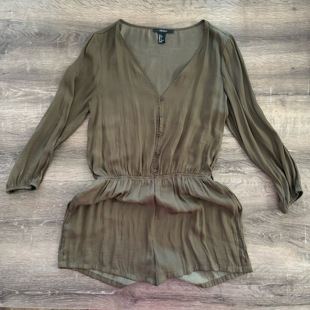 Satin Olive Green Button-Up Romper